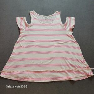 Crown & Ivy Pink White Stripe Cold Shoulder Tee Shirt Women's Size S